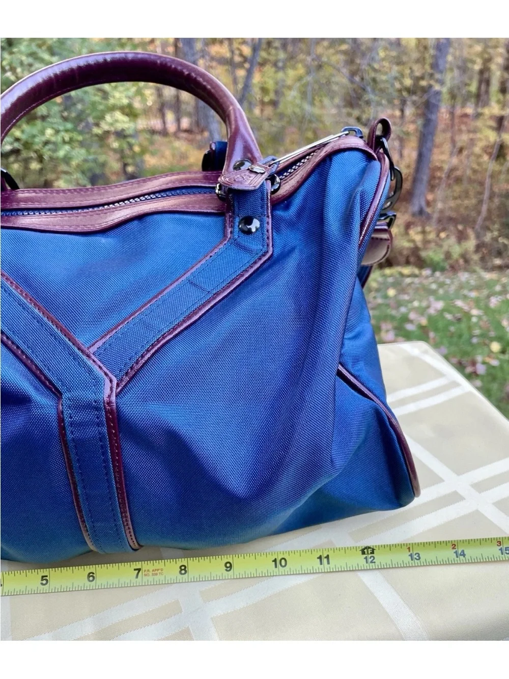 Yves St Laurent YSL Navy Blue Duffel with Brown Leather Trim